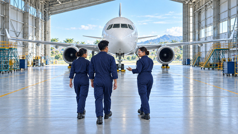 A trainer in navy workwear welcomes two students in safety glasses and closed boots towards a parked aircraft in a bright hangar.